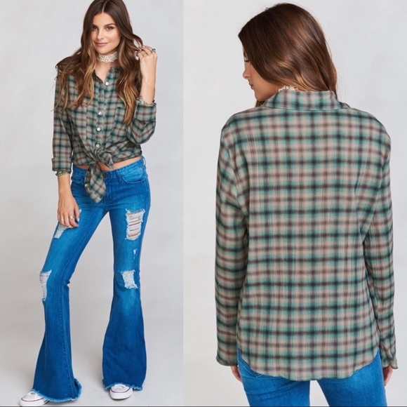 Show Me Your MuMu Tops - Show Me Your Mumu Murphy Long Sleeve Button Down Top School House Green Plaid